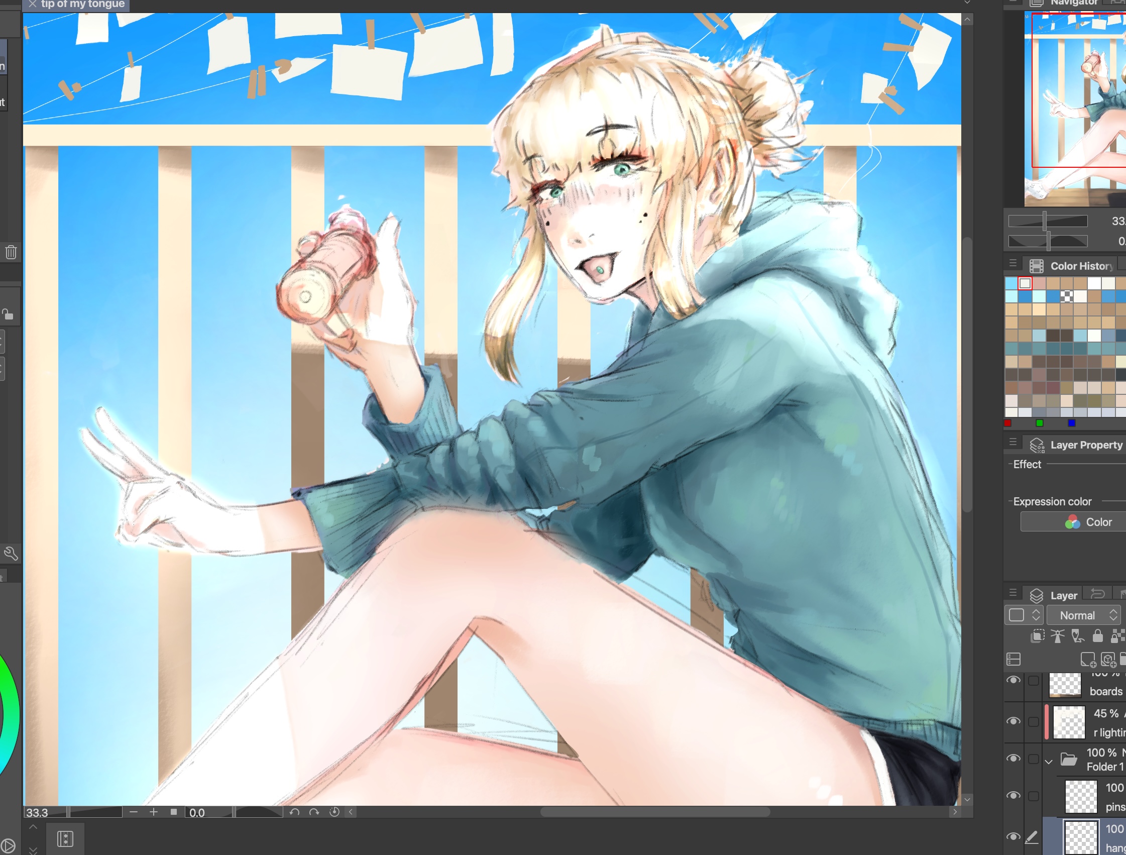 a work in progress painting of a girl outside sitting on a sunny deck